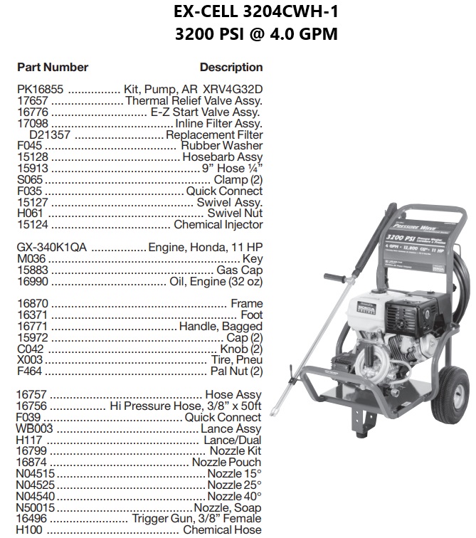 DEVILBISS model 3204CWH-1 power washer parts